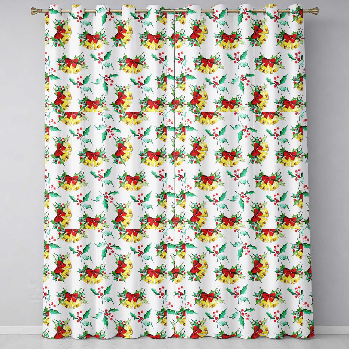 Watercolor Christmas Bells Holly Berry Festive Seamless Pattern Readymade Eyelet Ring Top Thermal 100% Blackout Curtains