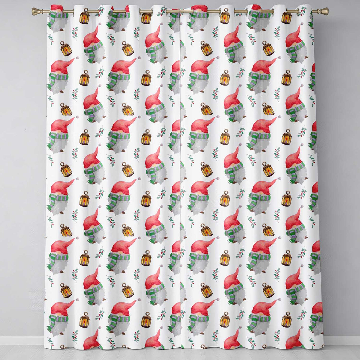 Cute Christmas Gnome Lantern Winter Holiday Seamless Pattern Readymade Eyelet Ring Top Thermal 100% Blackout Curtains