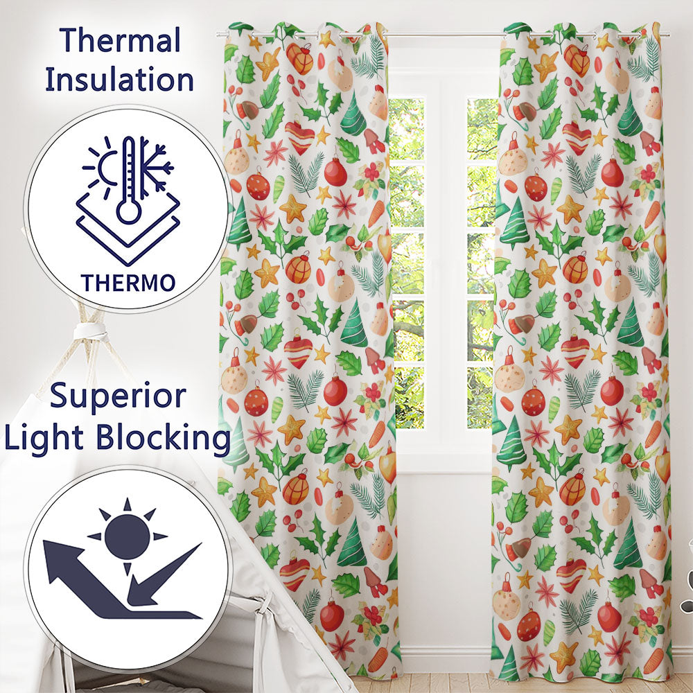 Colorful Christmas Ornament Holly Star Festive Seamless Pattern Readymade Eyelet Ring Top Thermal 100% Blackout Curtains