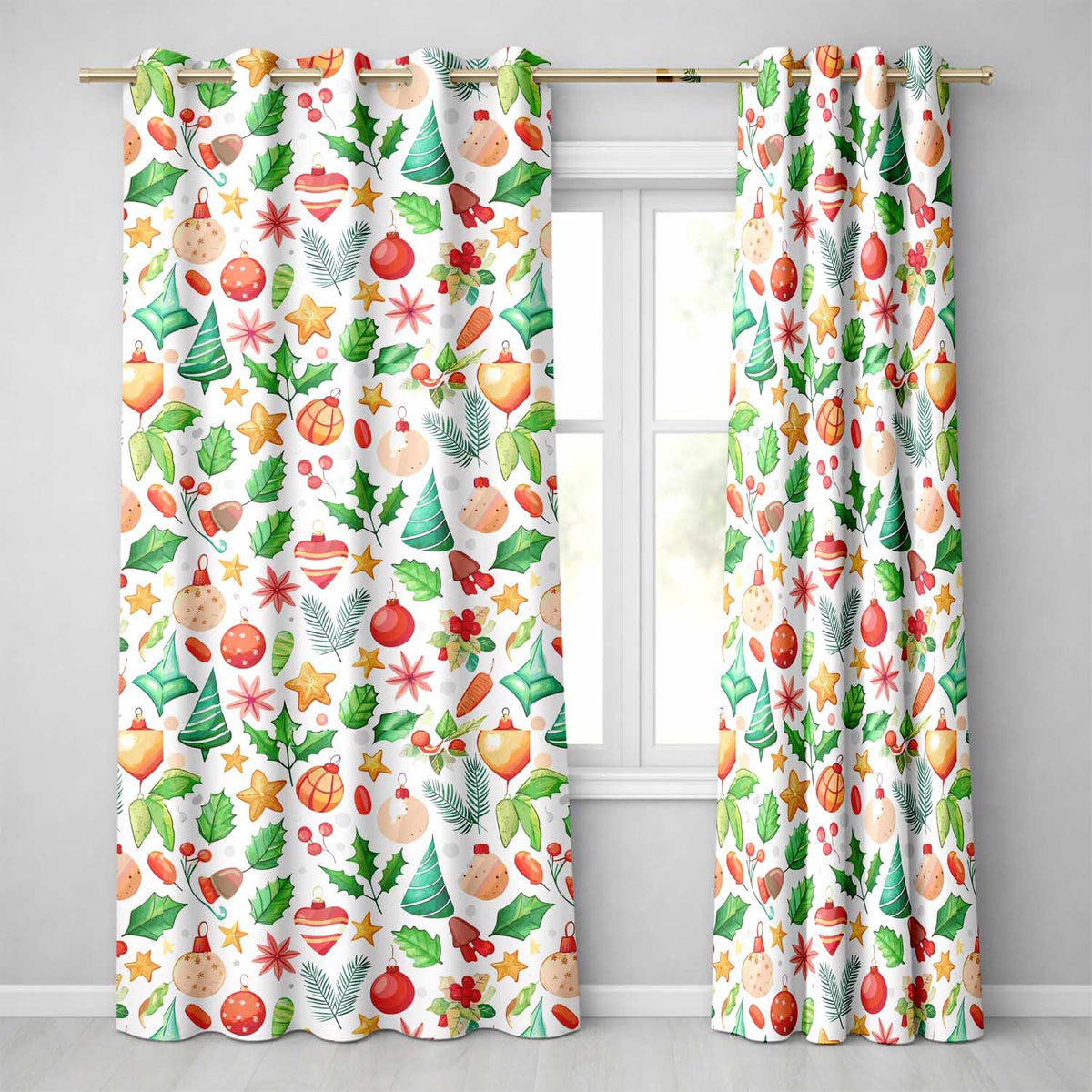 Colorful Christmas Ornament Holly Star Festive Seamless Pattern Readymade Eyelet Ring Top Thermal 100% Blackout Curtains
