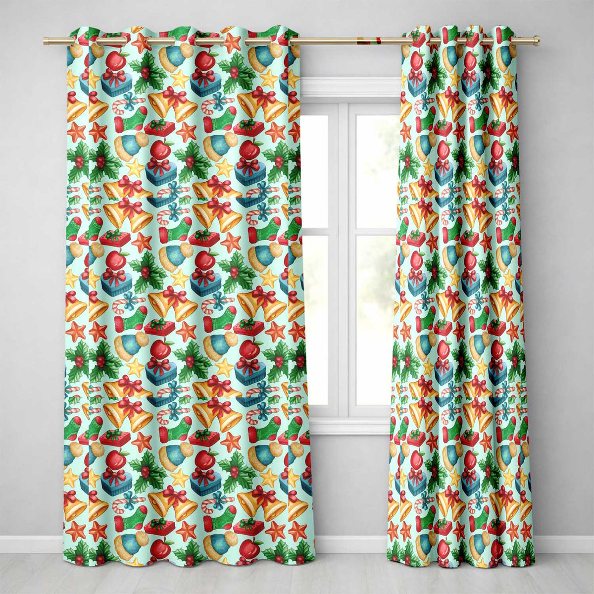 Bright Christmas Gift Bell Apple Festive Seamless Pattern Readymade Eyelet Ring Top Thermal 100% Blackout Curtains