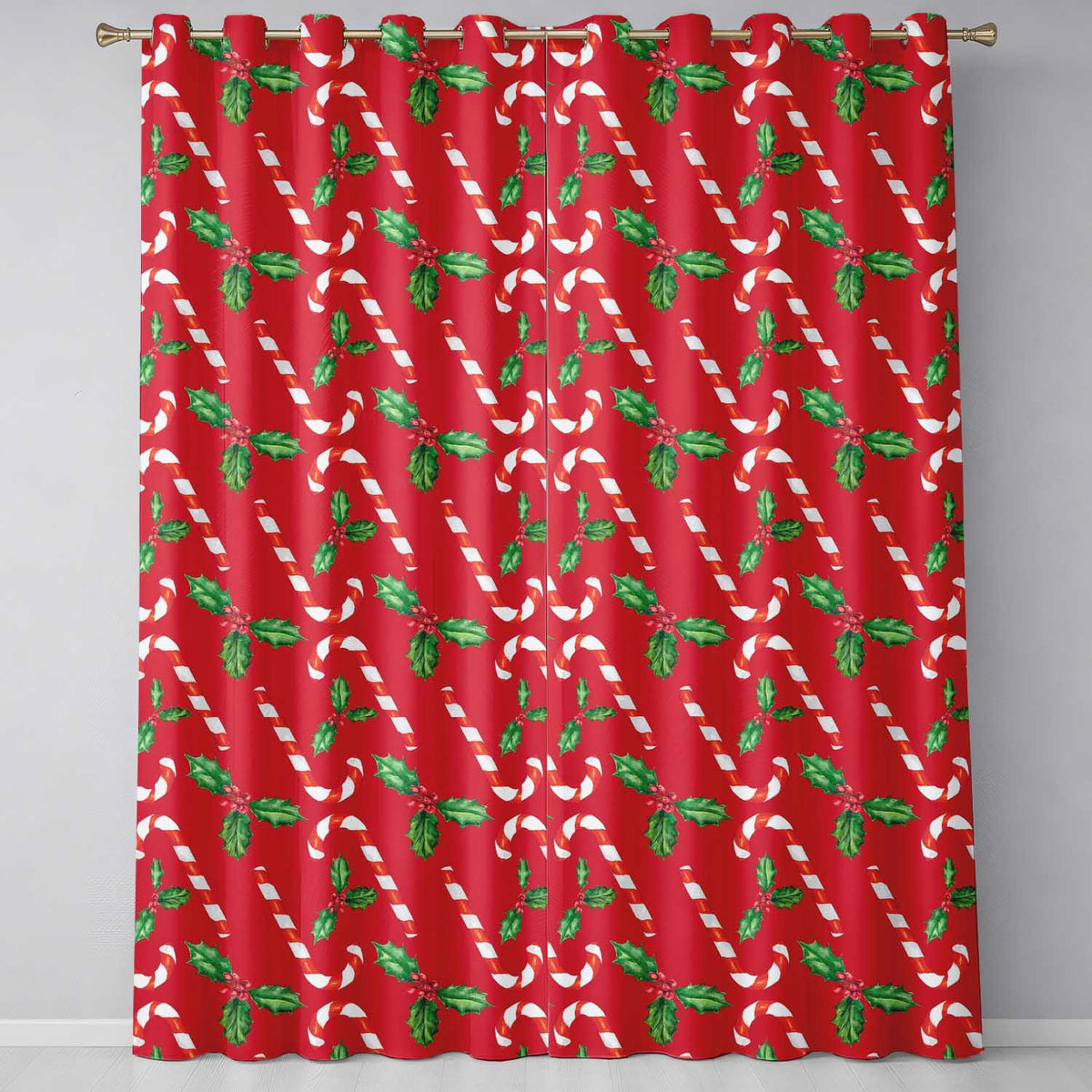 Festive Candy Cane Holly Berry Red Background Seamless Pattern Readymade Eyelet Ring Top Thermal 100% Blackout Curtains