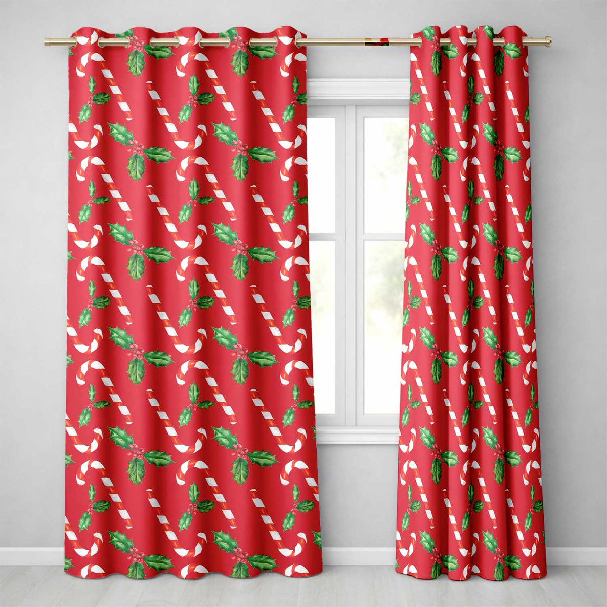 Festive Candy Cane Holly Berry Red Background Seamless Pattern Readymade Eyelet Ring Top Thermal 100% Blackout Curtains