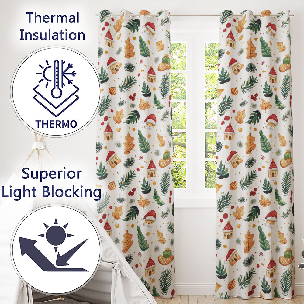 Watercolor Christmas Leaves Santa Hat House Ornament Seamless Pattern Readymade Eyelet Ring Top Thermal 100% Blackout Curtains