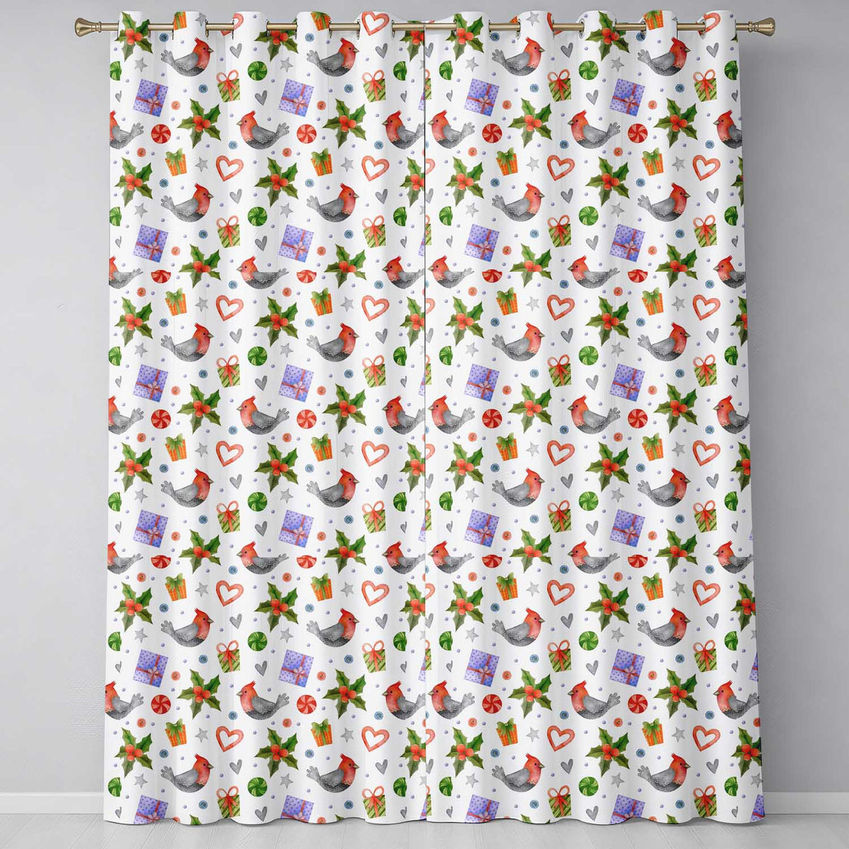 Cute Cardinal Bird Holly Gift Heart Festive Seamless Pattern Readymade Eyelet Ring Top Thermal 100% Blackout Curtains
