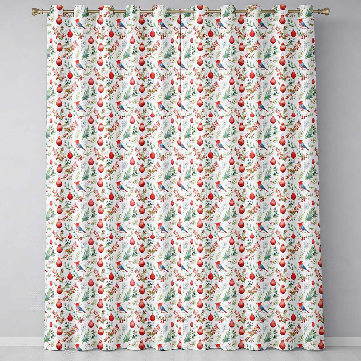 Watercolor Red Bird Ornament Berry Greenery Christmas Seamless Pattern Readymade Eyelet Ring Top Thermal 100% Blackout Curtains
