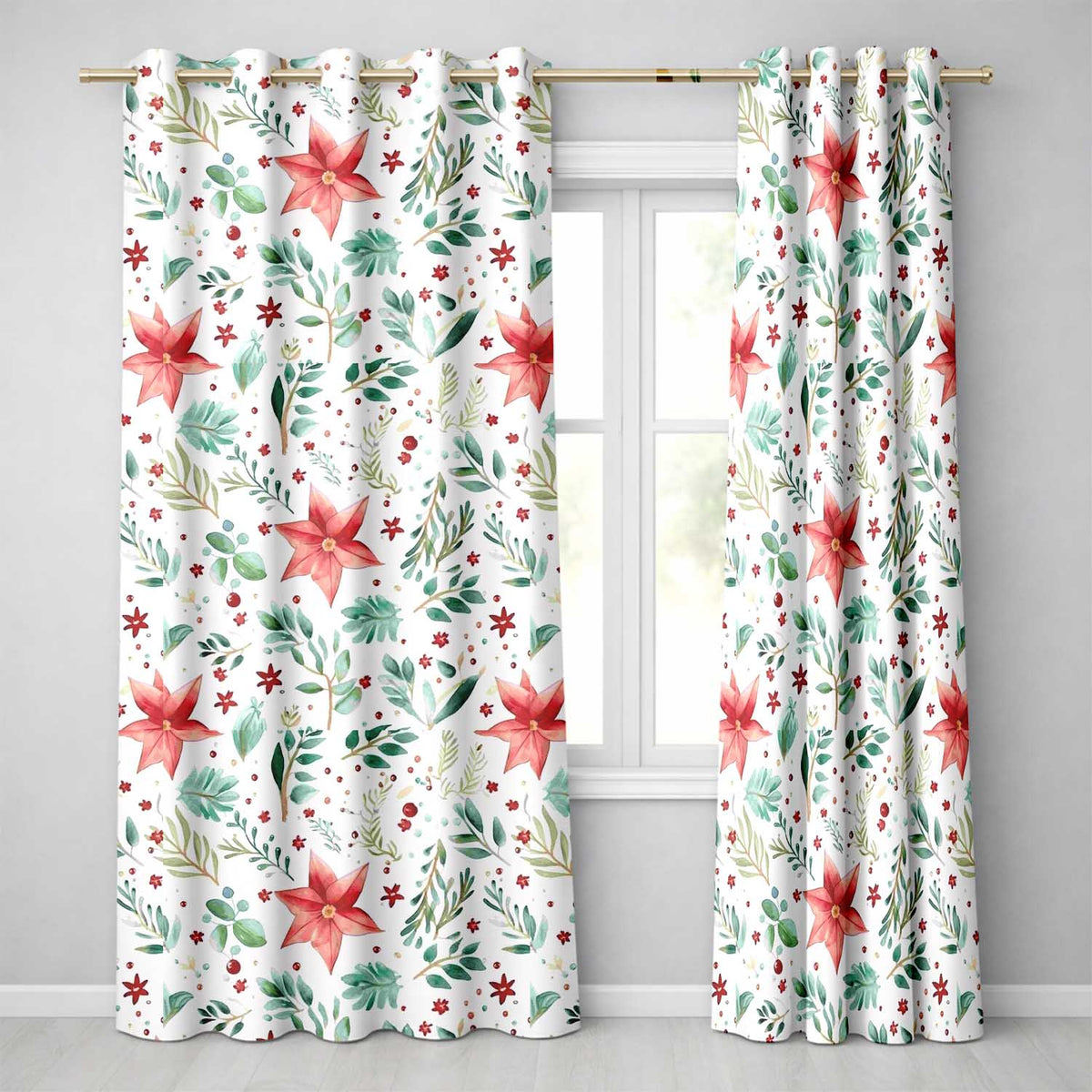 Elegant Poinsettia Floral Holiday Botanical Seamless Pattern Readymade Eyelet Ring Top Thermal 100% Blackout Curtains