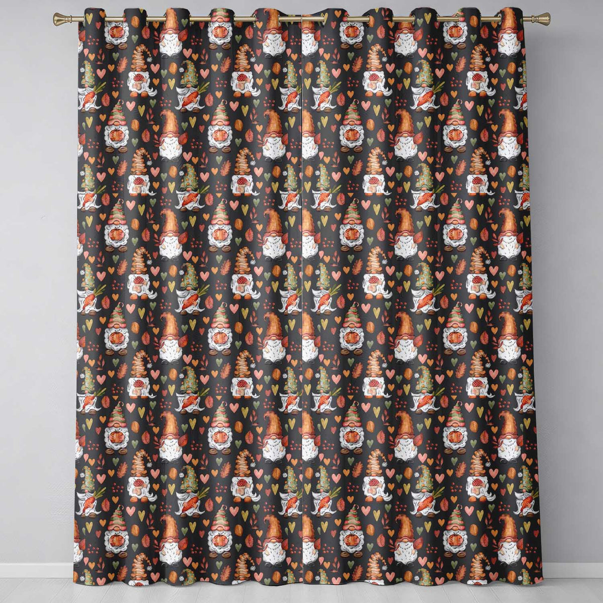 Cute Autumn Gnome Pumpkin Mushroom Leaf Heart Seamless Pattern Readymade Eyelet Ring Top Thermal 100% Blackout Curtains
