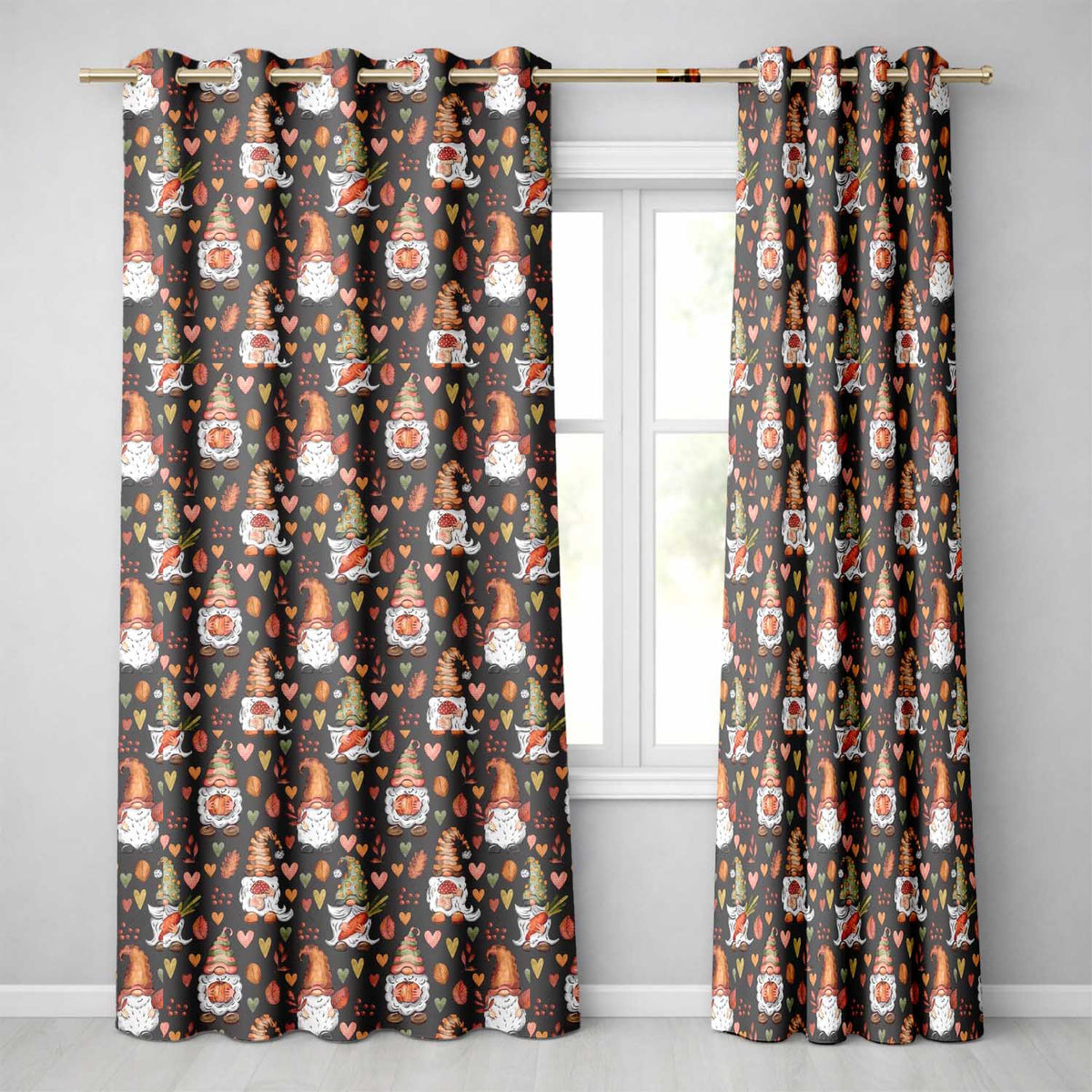 Cute Autumn Gnome Pumpkin Mushroom Leaf Heart Seamless Pattern Readymade Eyelet Ring Top Thermal 100% Blackout Curtains