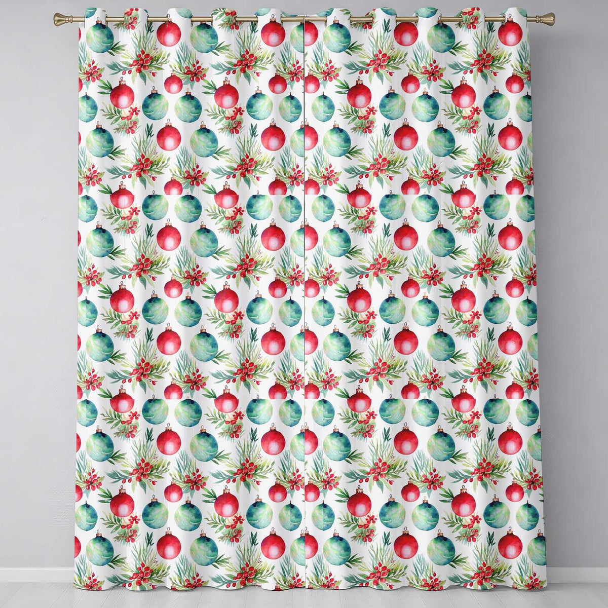 Watercolor Christmas Baubles Pine Berry Greenery Seamless Pattern Readymade Eyelet Ring Top Thermal 100% Blackout Curtains