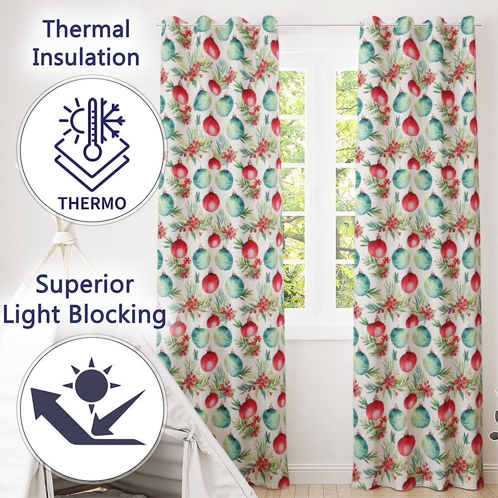 Watercolor Christmas Baubles Pine Berry Greenery Seamless Pattern Readymade Eyelet Ring Top Thermal 100% Blackout Curtains
