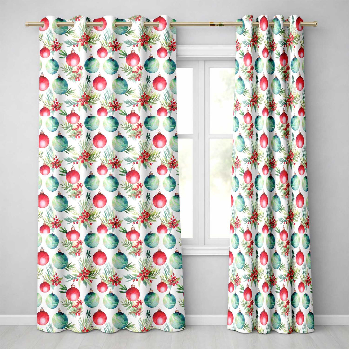 Watercolor Christmas Baubles Pine Berry Greenery Seamless Pattern Readymade Eyelet Ring Top Thermal 100% Blackout Curtains