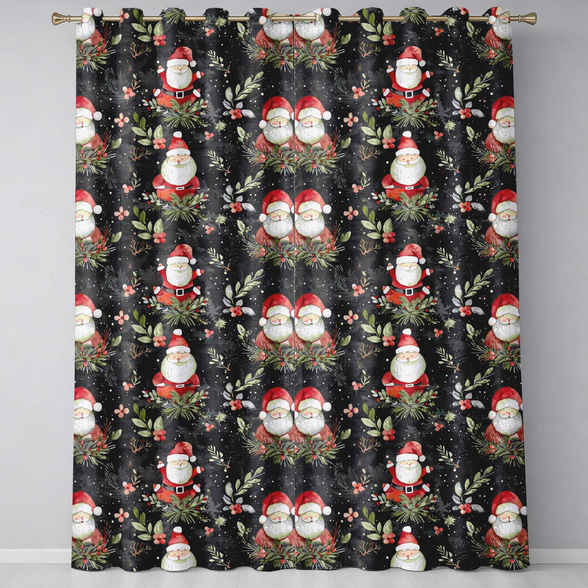 Watercolor Santa Claus Winter Foliage Dark Green Seamless Pattern Readymade Eyelet Ring Top Thermal 100% Blackout Curtains