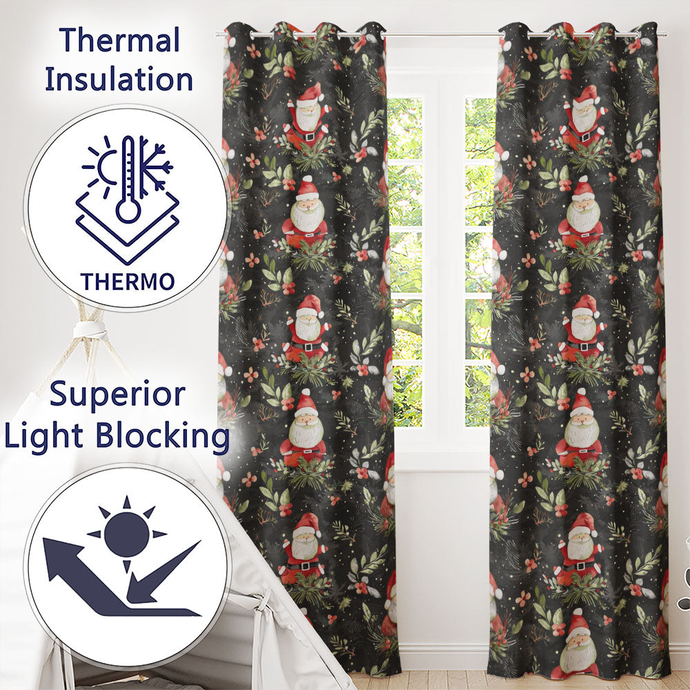 Watercolor Santa Claus Winter Foliage Dark Green Seamless Pattern Readymade Eyelet Ring Top Thermal 100% Blackout Curtains
