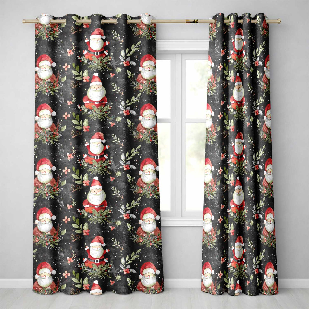 Watercolor Santa Claus Winter Foliage Dark Green Seamless Pattern Readymade Eyelet Ring Top Thermal 100% Blackout Curtains