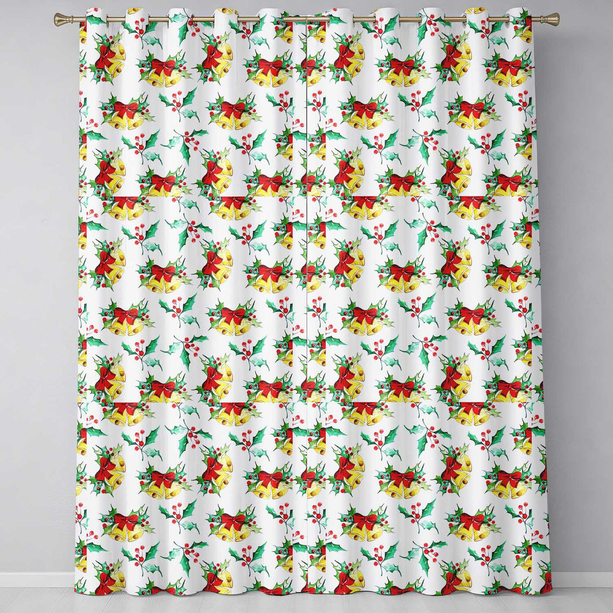 Watercolor Holly Berry Gold Bell Red Bow Festive Seamless Pattern Readymade Eyelet Ring Top Thermal 100% Blackout Curtains