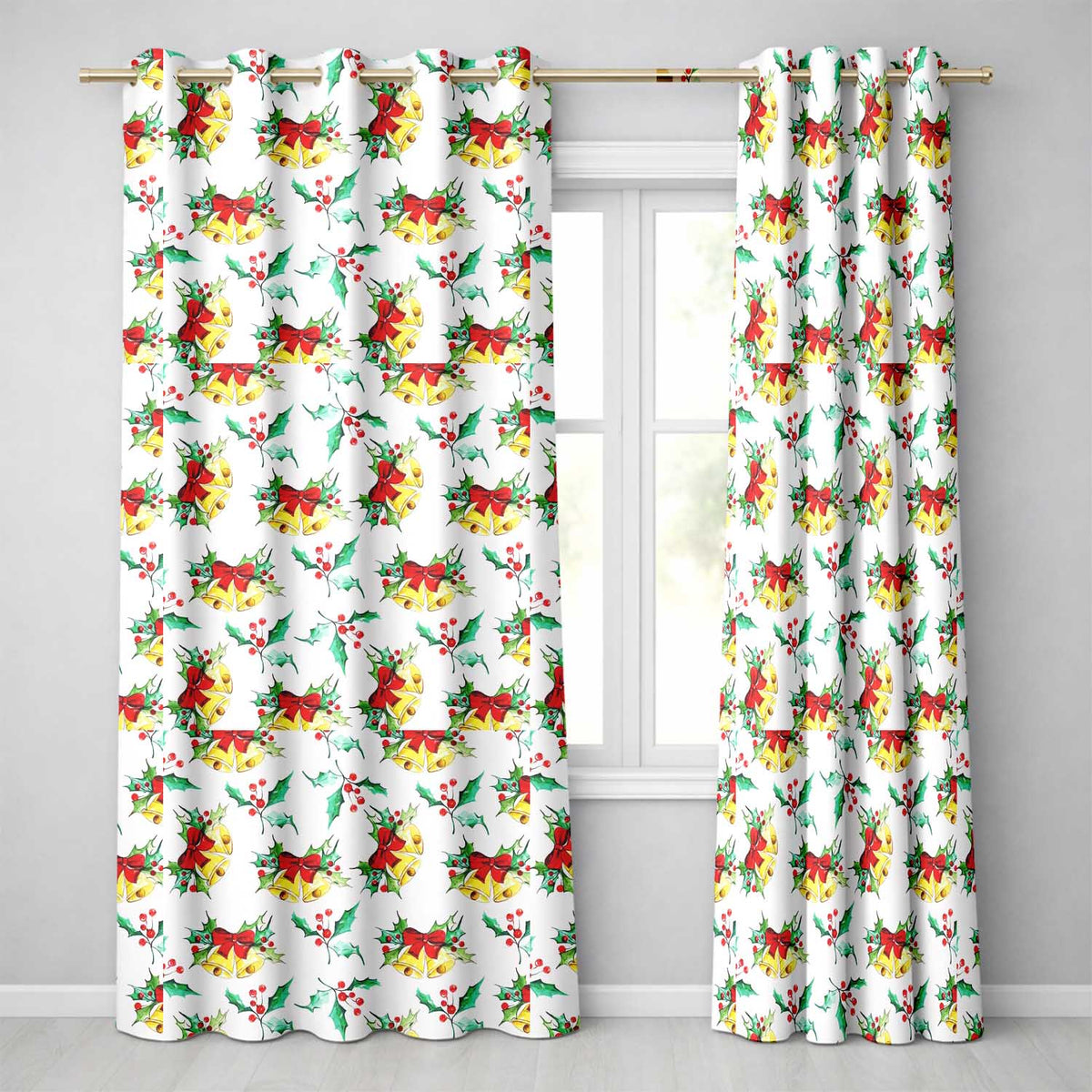 Watercolor Holly Berry Gold Bell Red Bow Festive Seamless Pattern Readymade Eyelet Ring Top Thermal 100% Blackout Curtains