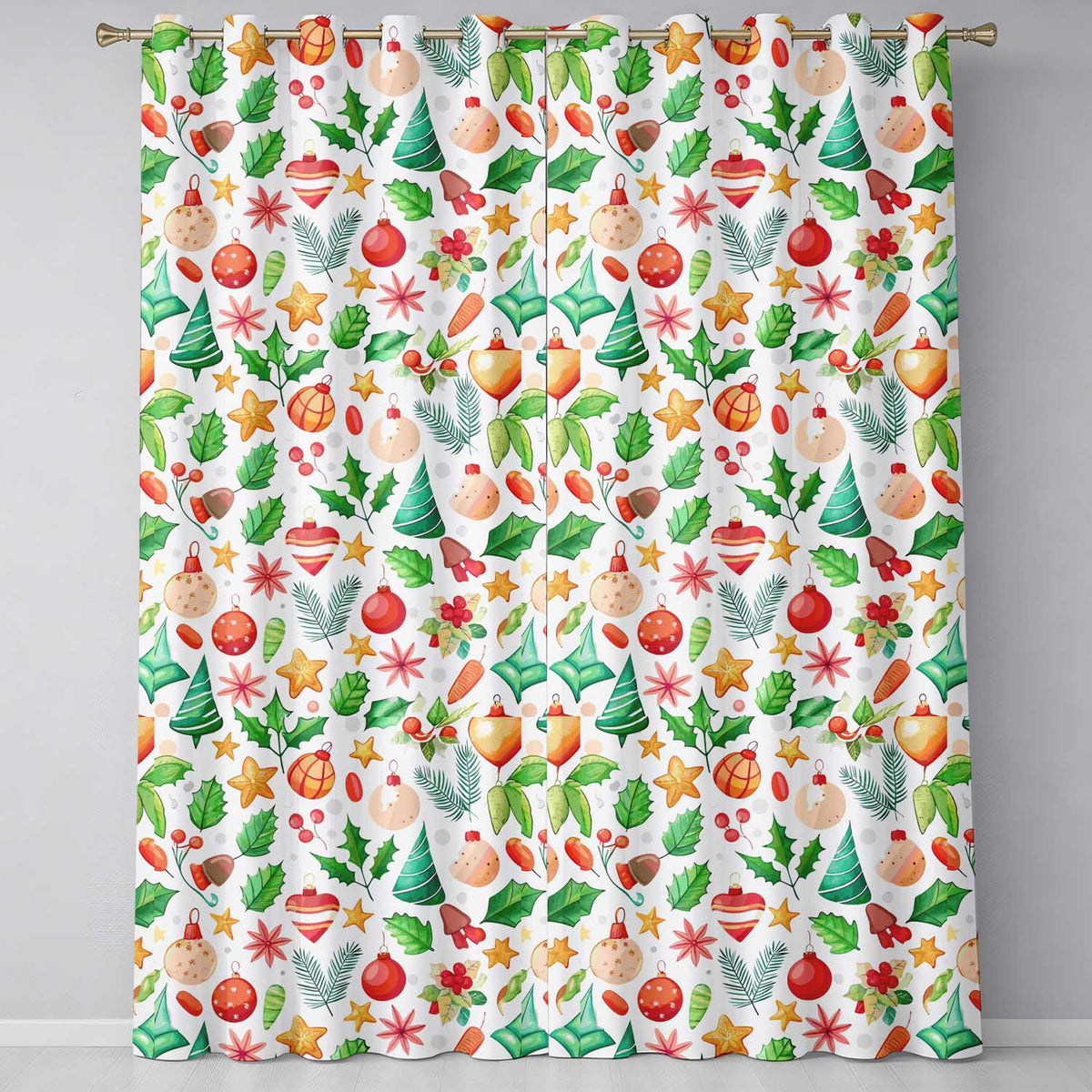Festive Christmas Holly Star Ornament Heart Seamless Pattern Readymade Eyelet Ring Top Thermal 100% Blackout Curtains
