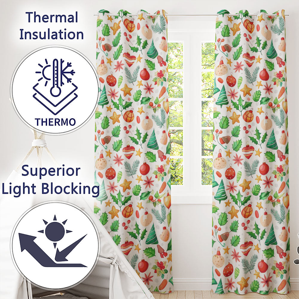 Festive Christmas Holly Star Ornament Heart Seamless Pattern Readymade Eyelet Ring Top Thermal 100% Blackout Curtains