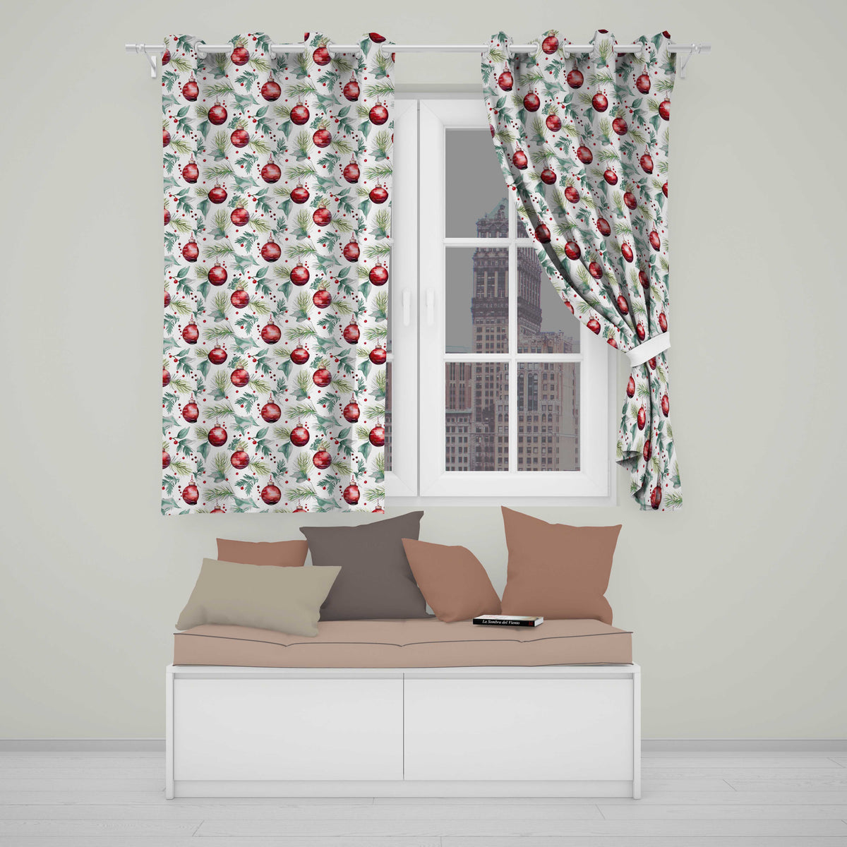 Watercolor Red Bauble Pine Leaf Berry Holiday Seamless Pattern Readymade Eyelet Ring Top Thermal 100% Blackout Curtains