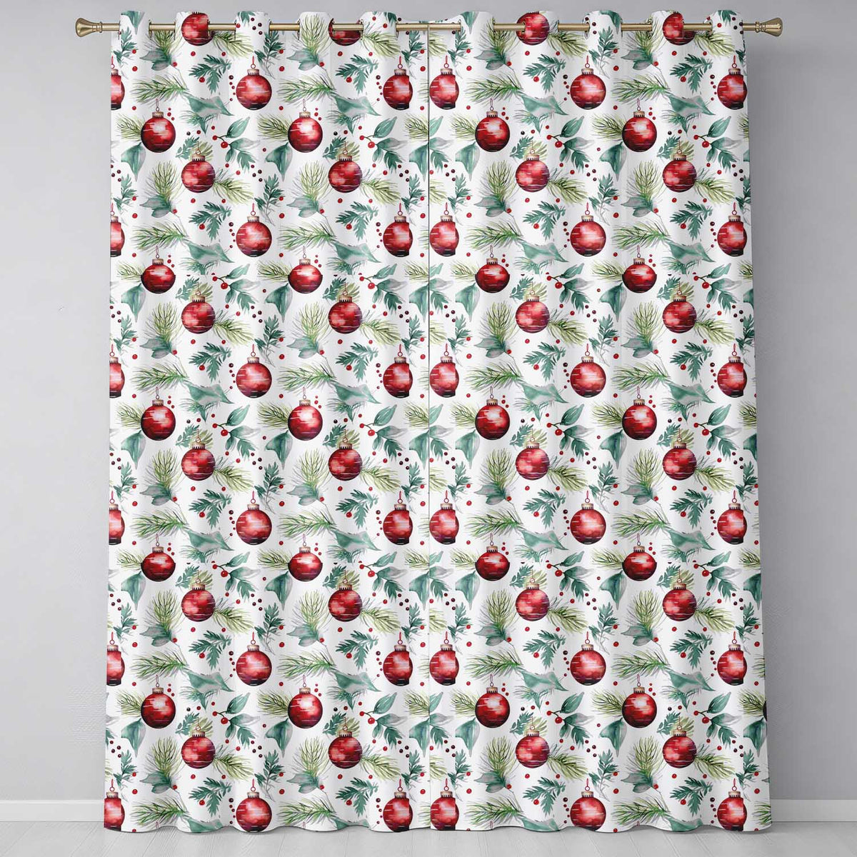 Watercolor Red Bauble Pine Leaf Berry Holiday Seamless Pattern Readymade Eyelet Ring Top Thermal 100% Blackout Curtains