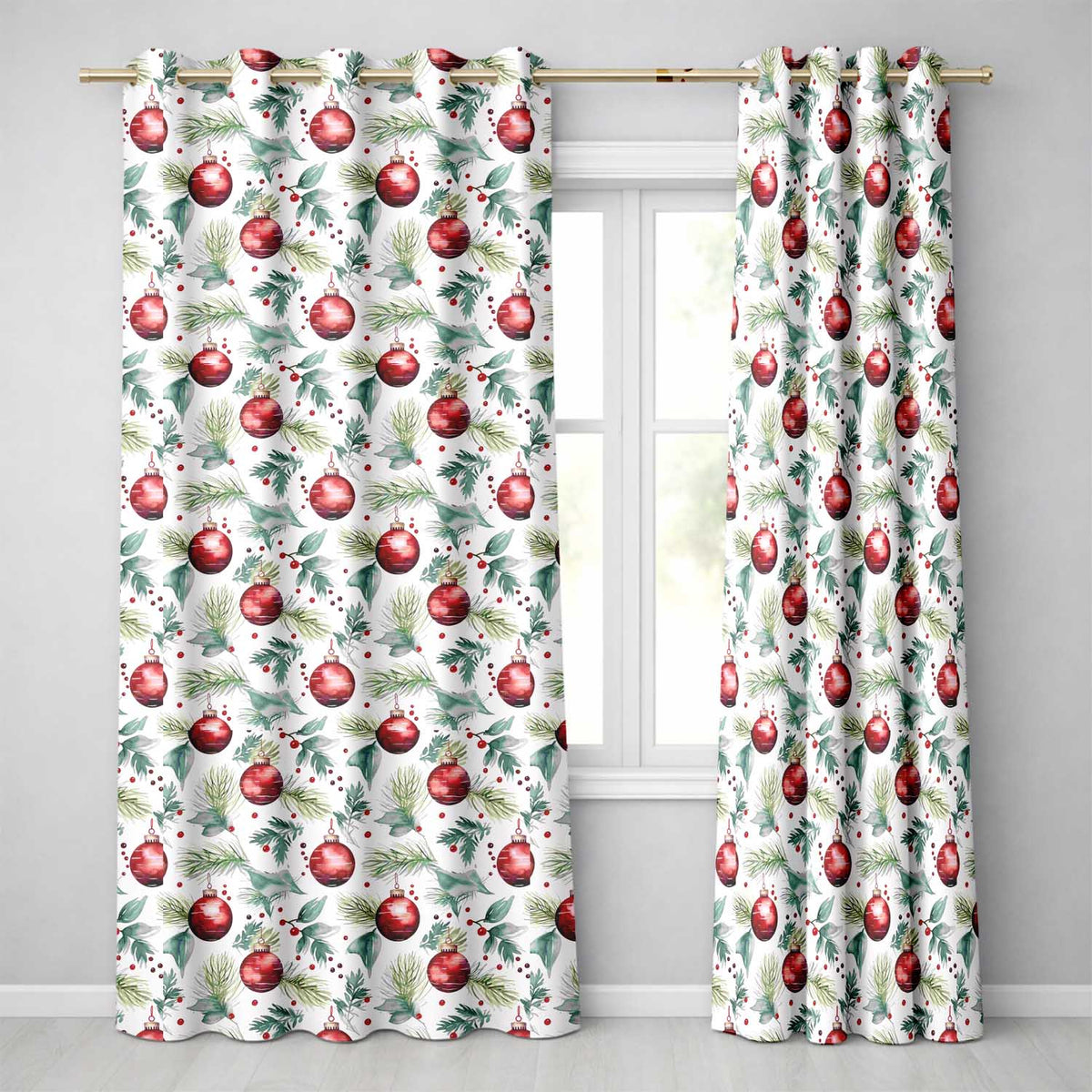 Watercolor Red Bauble Pine Leaf Berry Holiday Seamless Pattern Readymade Eyelet Ring Top Thermal 100% Blackout Curtains