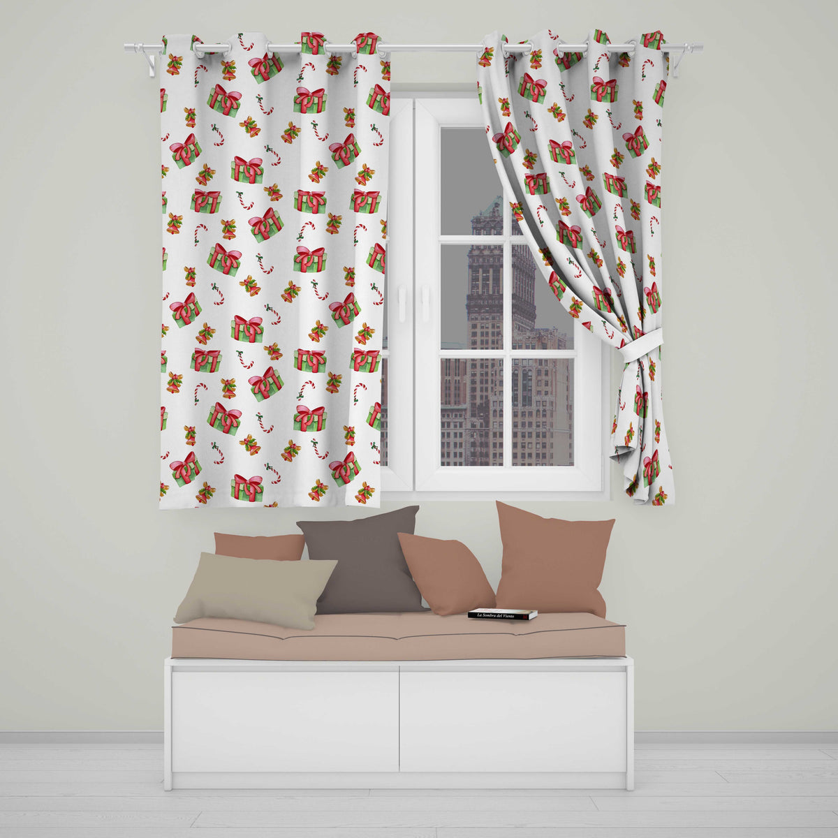 Watercolor Christmas Gift Box Candy Cane Bell Seamless Pattern Readymade Eyelet Ring Top Thermal 100% Blackout Curtains