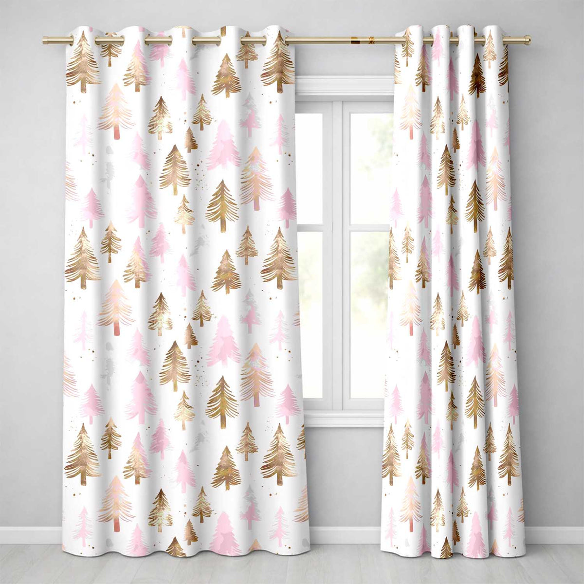 Elegant Pink and Gold Christmas Tree Watercolor Seamless Pattern Readymade Eyelet Ring Top Thermal 100% Blackout Curtains