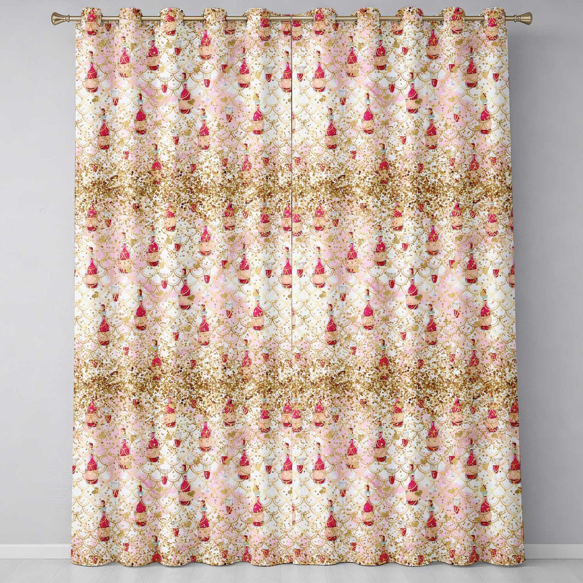 Luxury Champagne Bottle Gold Glitter Celebration Seamless Pattern Readymade Eyelet Ring Top Thermal 100% Blackout Curtains