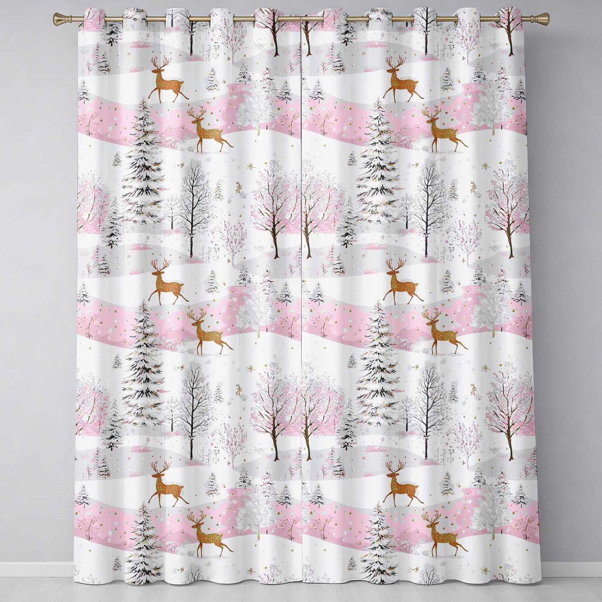Winter Wonderland Deer Snowy Forest Pink Seamless Pattern Readymade Eyelet Ring Top Thermal 100% Blackout Curtains