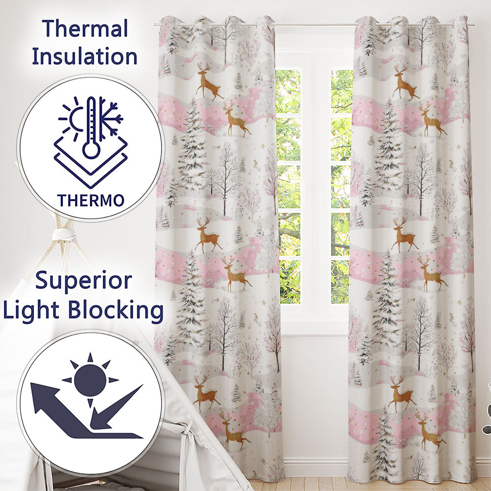 Winter Wonderland Deer Snowy Forest Pink Seamless Pattern Readymade Eyelet Ring Top Thermal 100% Blackout Curtains