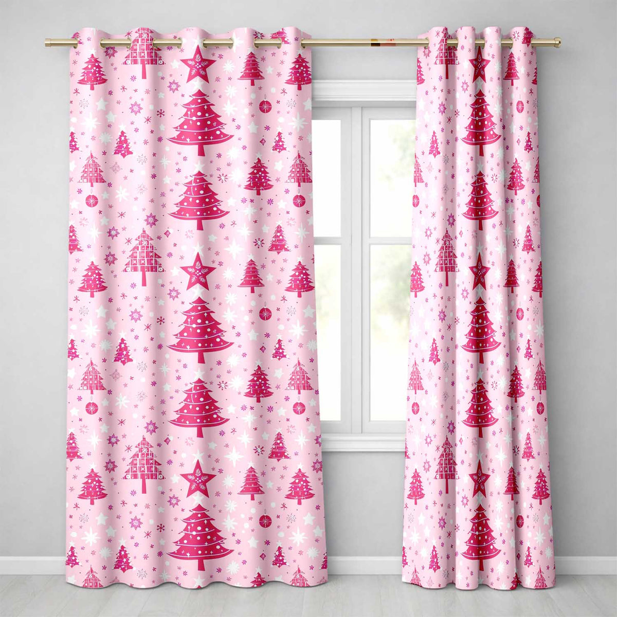 Pink Christmas Tree Snowflake Star Winter Seamless Pattern Readymade Eyelet Ring Top Thermal 100% Blackout Curtains