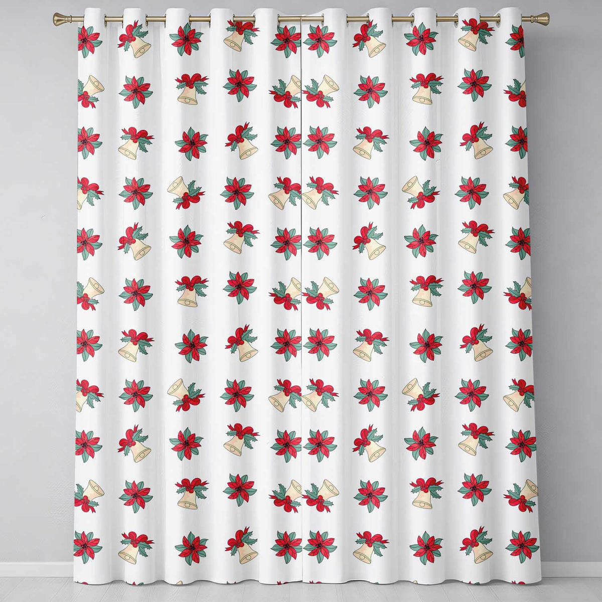 Poinsettia Flower Christmas Bell Holly Seamless Pattern Readymade Eyelet Ring Top Thermal 100% Blackout Curtains