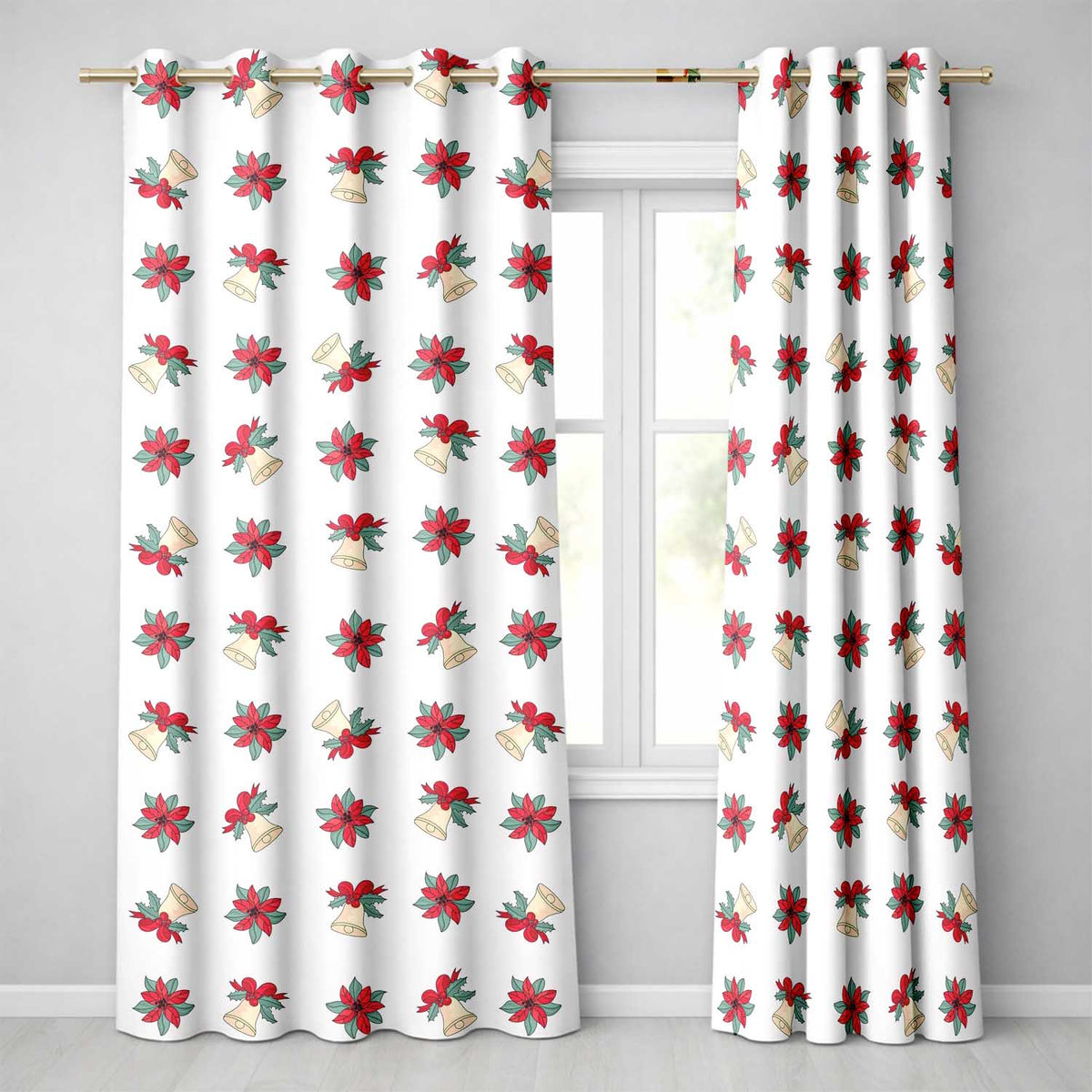 Poinsettia Flower Christmas Bell Holly Seamless Pattern Readymade Eyelet Ring Top Thermal 100% Blackout Curtains