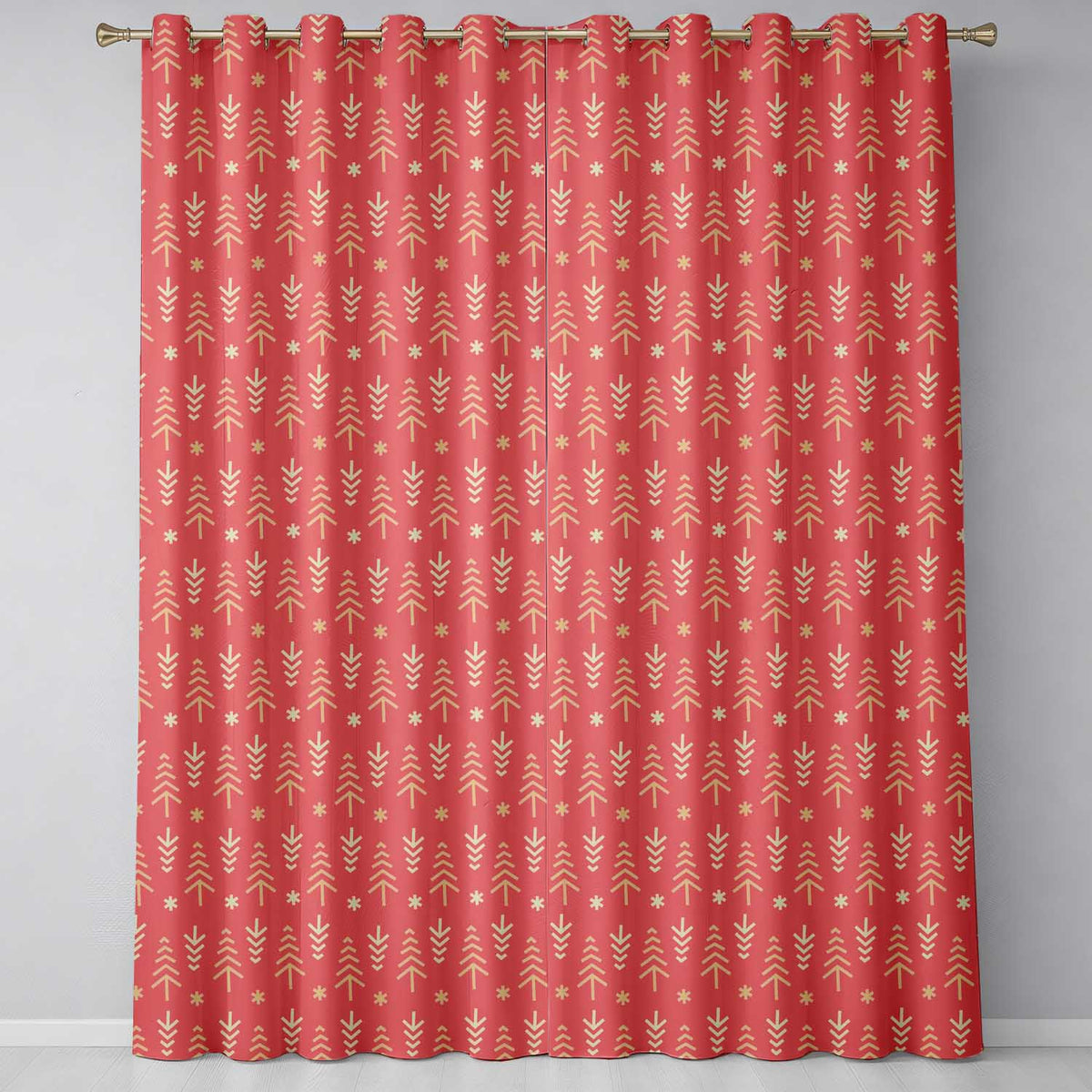 Minimalist Christmas Tree Arrow Pattern Red Gold Festive Seamless Pattern Readymade Eyelet Ring Top Thermal 100% Blackout Curtains