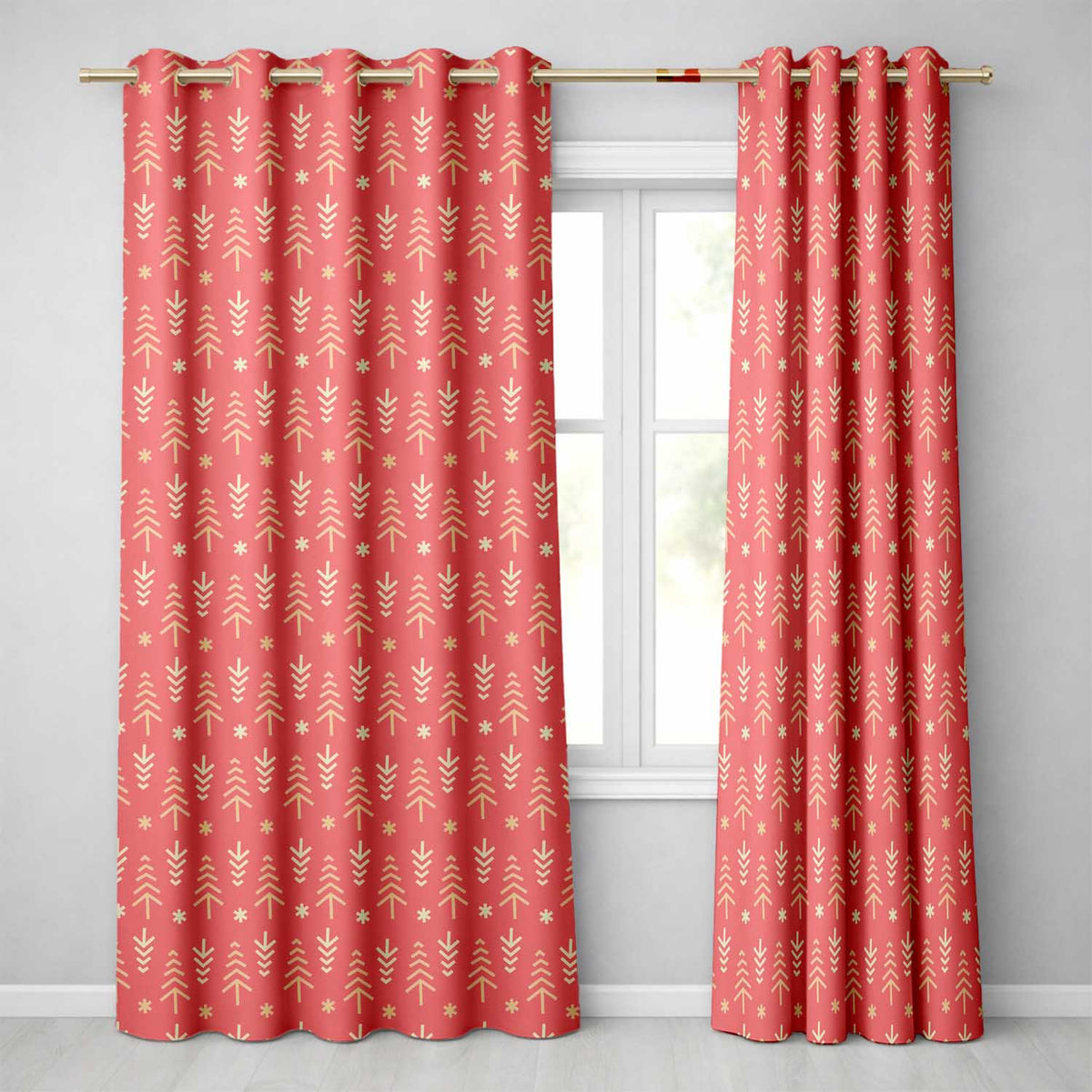 Minimalist Christmas Tree Arrow Pattern Red Gold Festive Seamless Pattern Readymade Eyelet Ring Top Thermal 100% Blackout Curtains