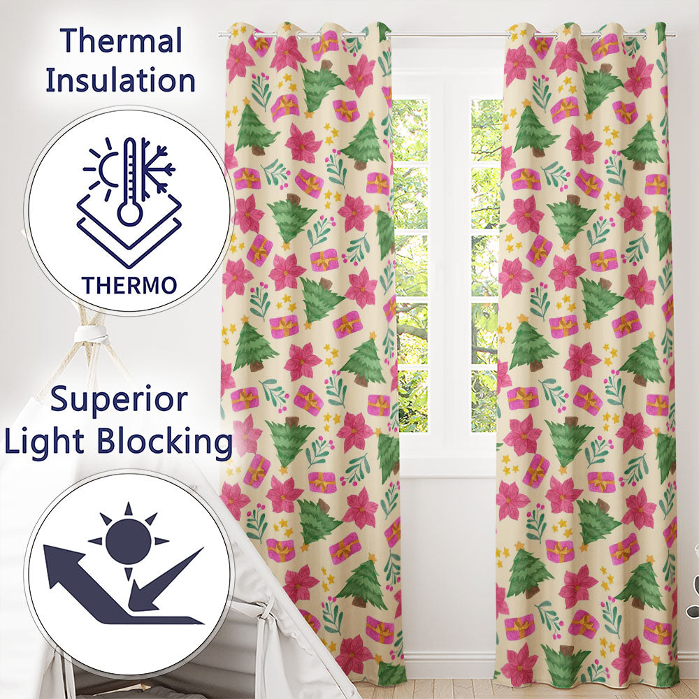 Watercolor Christmas Poinsettia Gift Tree Festive Seamless Pattern Readymade Eyelet Ring Top Thermal 100% Blackout Curtains