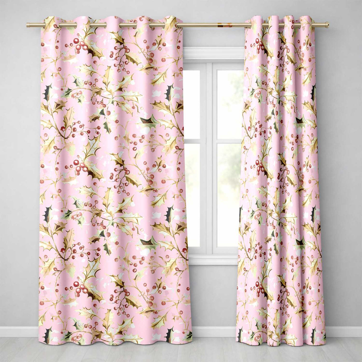 Elegant Gold Holly Berry Pink Background Seamless Pattern Readymade Eyelet Ring Top Thermal 100% Blackout Curtains