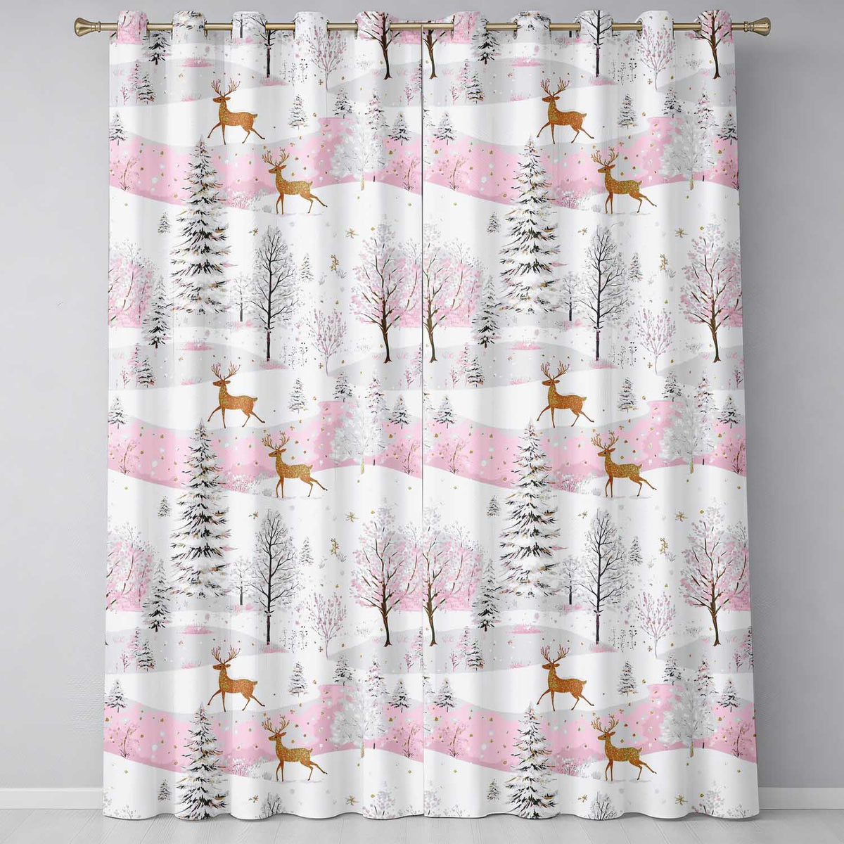 Winter Deer Snow Forest Pink Landscape Seamless Pattern Readymade Eyelet Ring Top Thermal 100% Blackout Curtains