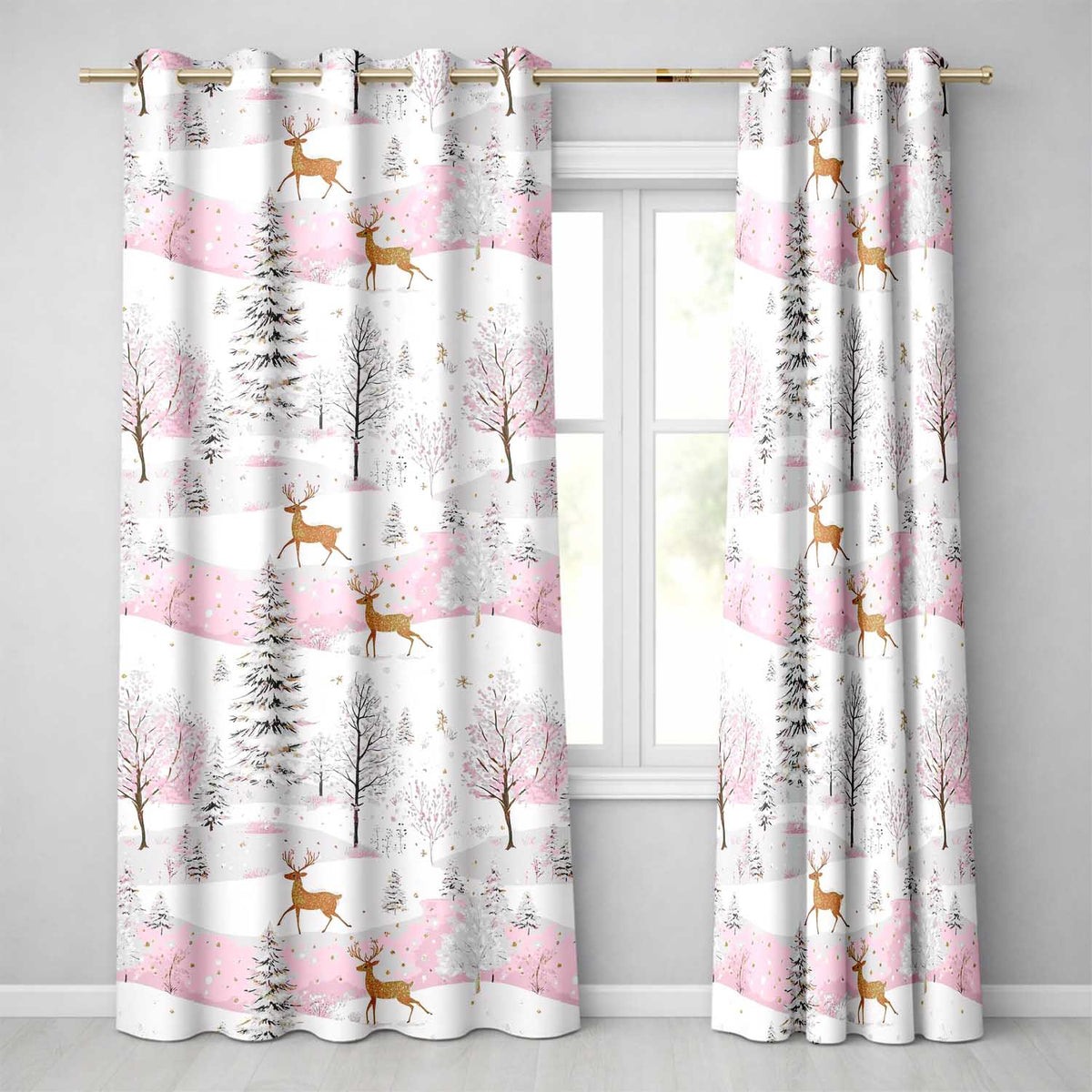 Winter Deer Snow Forest Pink Landscape Seamless Pattern Readymade Eyelet Ring Top Thermal 100% Blackout Curtains