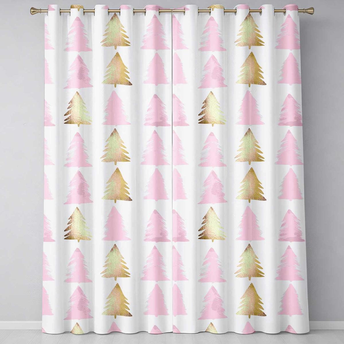 Minimal Gold Pink Christmas Tree Seamless Pattern Readymade Eyelet Ring Top Thermal 100% Blackout Curtains