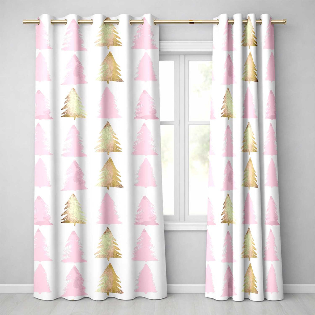 Minimal Gold Pink Christmas Tree Seamless Pattern Readymade Eyelet Ring Top Thermal 100% Blackout Curtains
