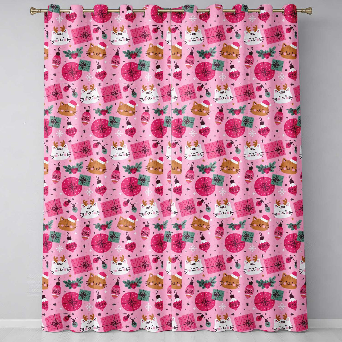Cute Christmas Cats Gifts Baubles Festive Seamless Pattern Readymade Eyelet Ring Top Thermal 100% Blackout Curtains