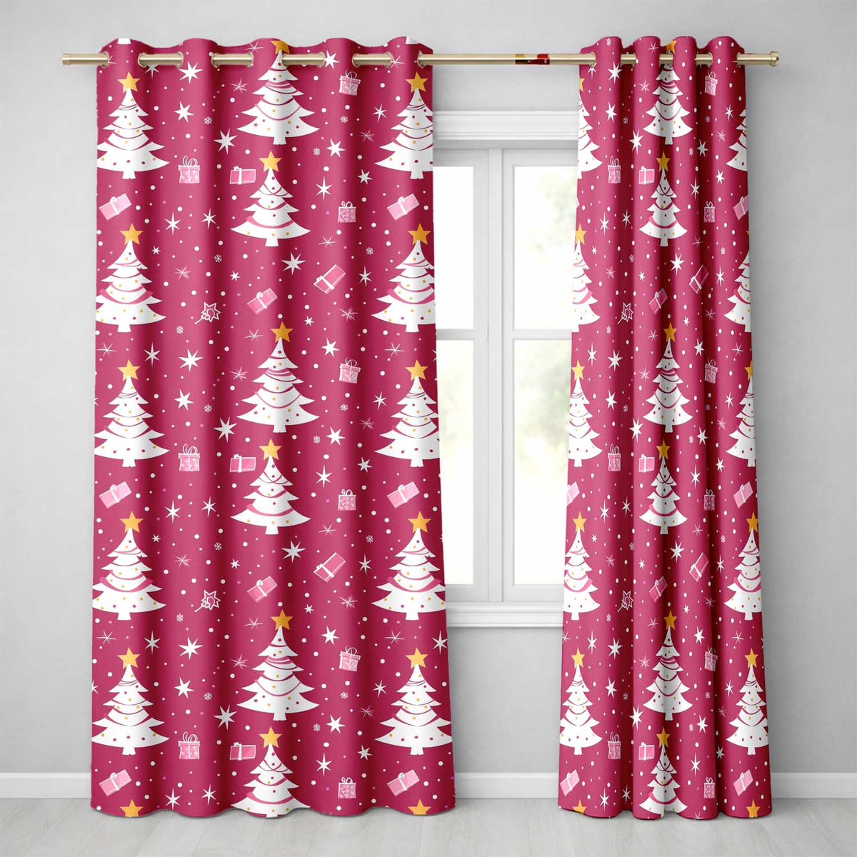 White Christmas Tree Star Gift Festive Seamless Pattern Readymade Eyelet Ring Top Thermal 100% Blackout Curtains