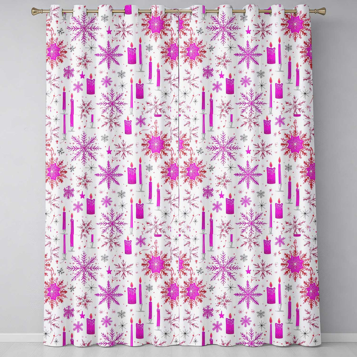 Pink Candle Snowflake Winter Festive Seamless Pattern Readymade Eyelet Ring Top Thermal 100% Blackout Curtains