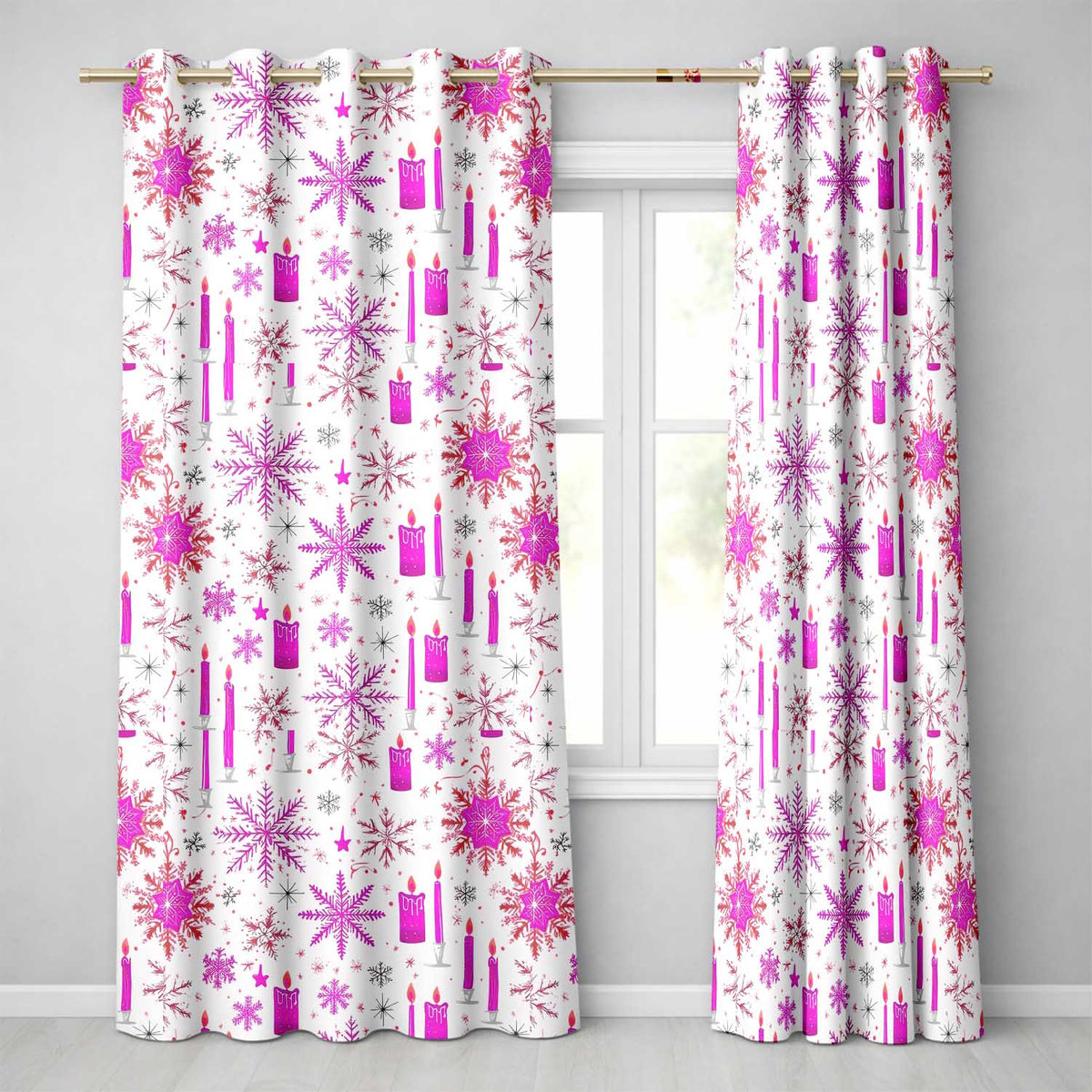 Pink Candle Snowflake Winter Festive Seamless Pattern Readymade Eyelet Ring Top Thermal 100% Blackout Curtains