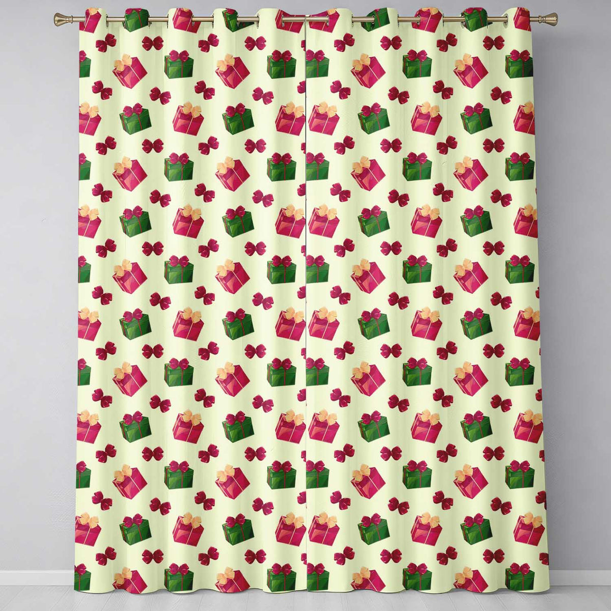 Cute Gift Box Ribbon Bow Festive Seamless Pattern Readymade Eyelet Ring Top Thermal 100% Blackout Curtains