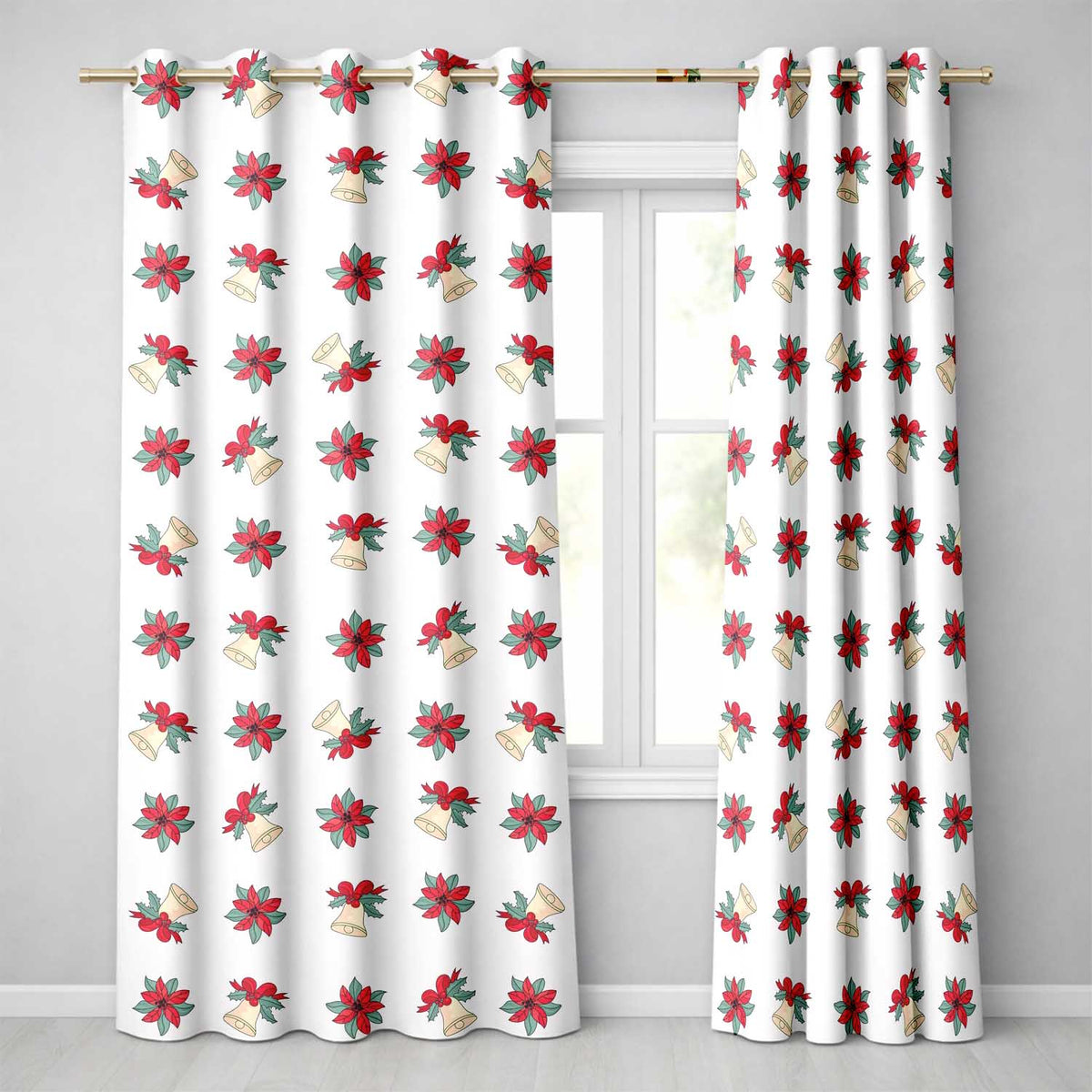 Poinsettia Flower Bell Holly Christmas Seamless Pattern Readymade Eyelet Ring Top Thermal 100% Blackout Curtains