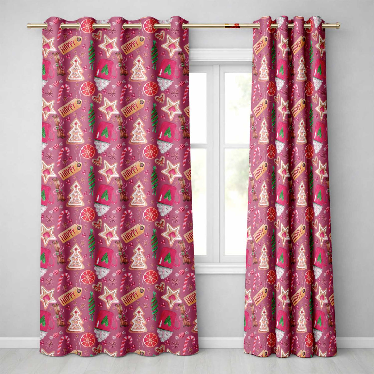 Festive Christmas Mug Candy Cookie Orange Seamless Pattern Readymade Eyelet Ring Top Thermal 100% Blackout Curtains