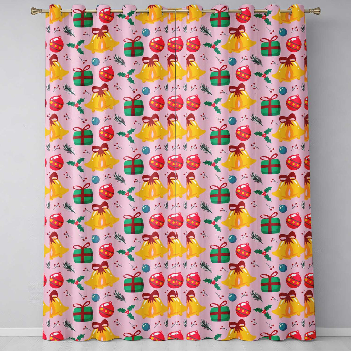 Cute Christmas Bells Baubles Holly Gift Seamless Pattern Readymade Eyelet Ring Top Thermal 100% Blackout Curtains